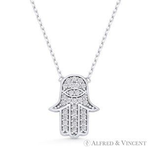 Hamsa Hand Evil Eye Charm CZ Crystal Pendant in .925 Sterling Silver w/ Rhodium